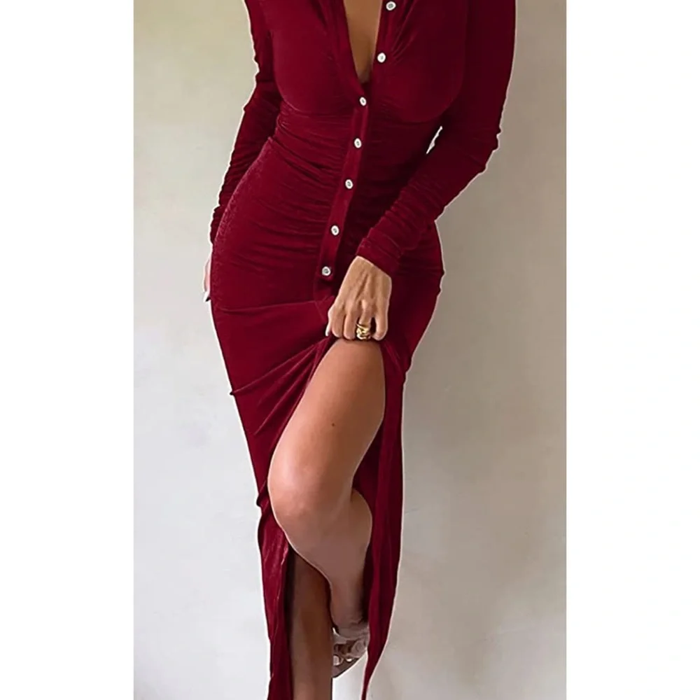 Velvet Sexy Long Sleeve Ruched Button Down Bodycon Midi Dress - Picture 4 of 4